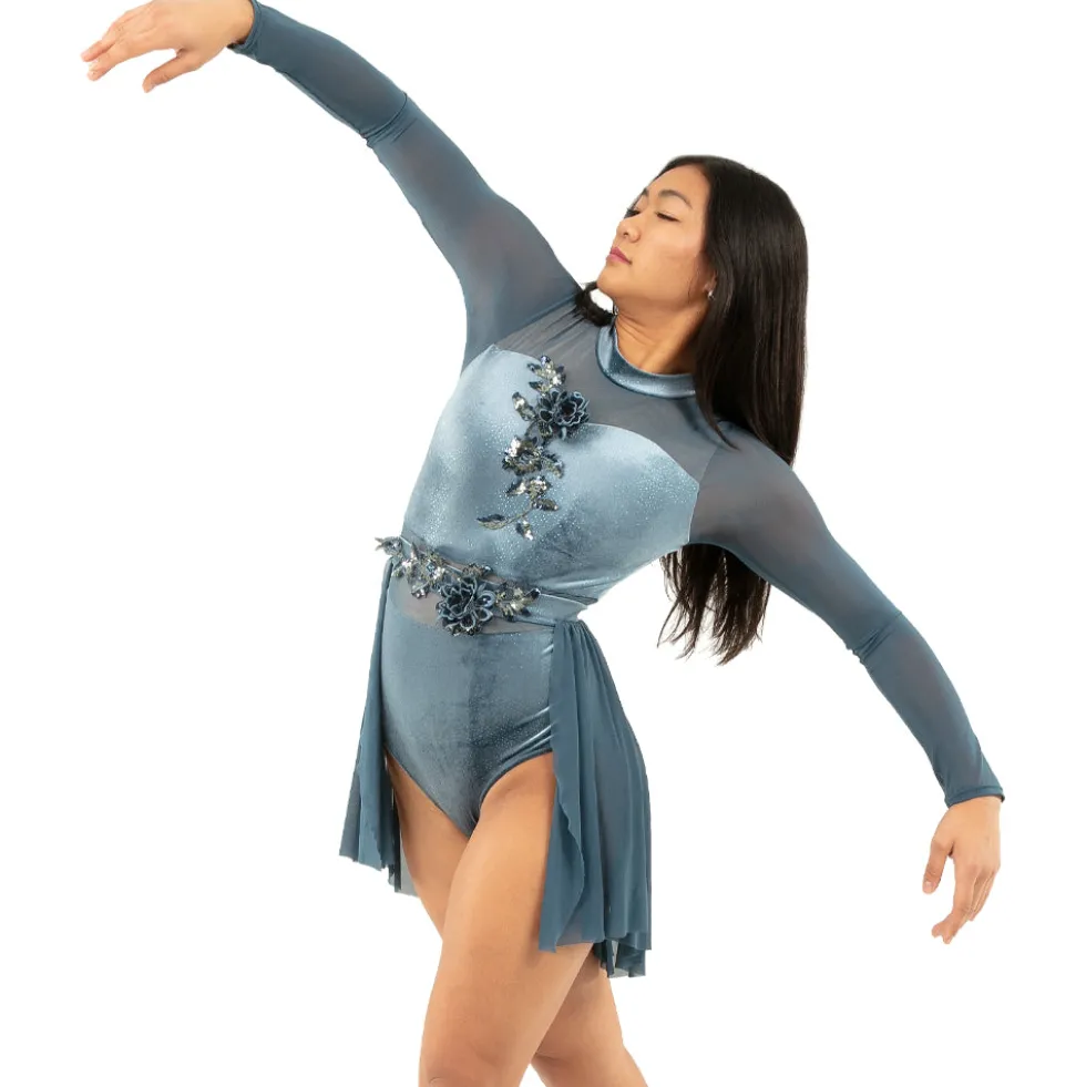 Long Sleeve Velvet Applique Leotard and Mesh Applique Skirt