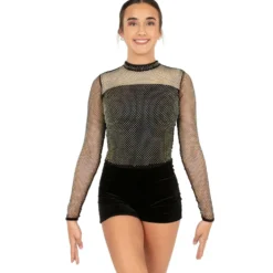 Rhinestone Mesh Velvet Biketard