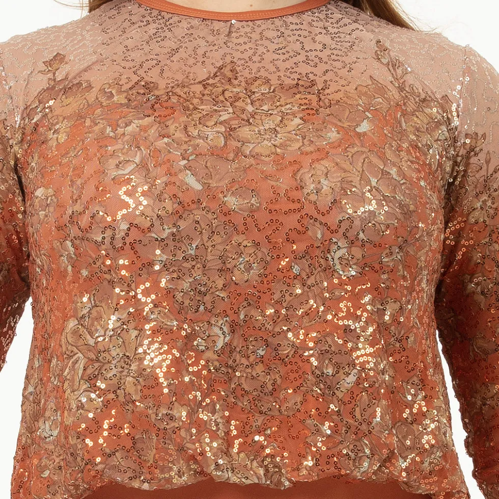Sequin Billowed Long Sleeve Floral Leotard