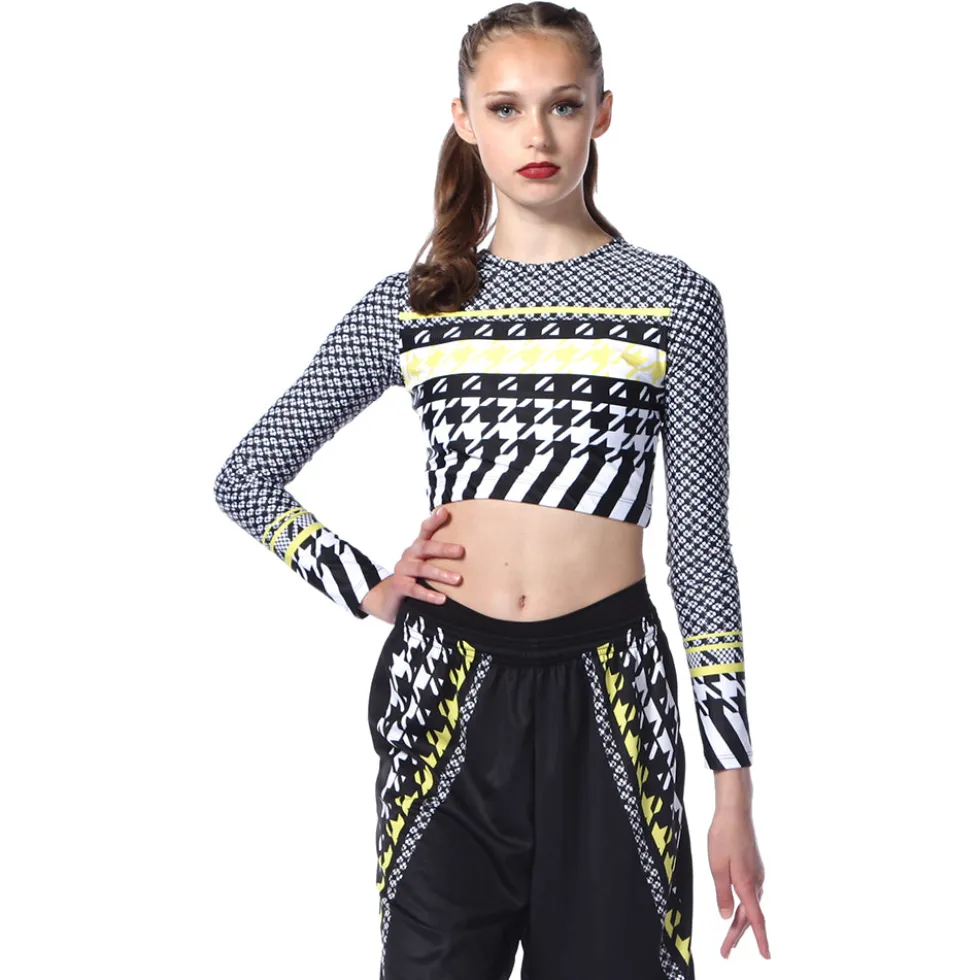 Youth Houndstooth Long Sleeve Crop Top