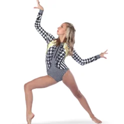 Youth Houndstooth Zipper Front Long Sleeve Leotard