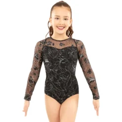 Youth Long Sleeve Floral Flocked Mesh Leotard