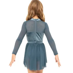 Youth Long Sleeve Velvet Applique Leotard and Mesh Applique Skirt