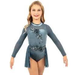 Youth Long Sleeve Velvet Applique Leotard and Mesh Applique Skirt