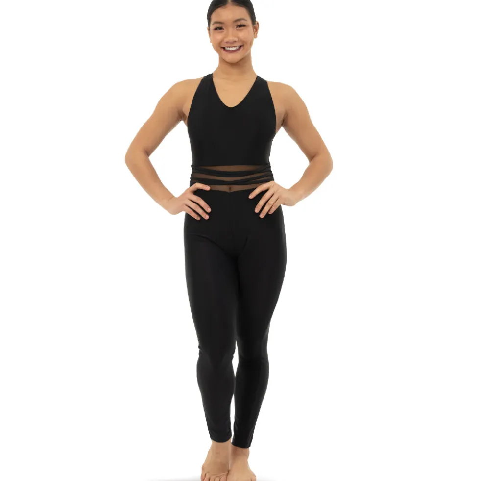 Youth V-Neck Criss Cross Mesh Panel Tank Unitard