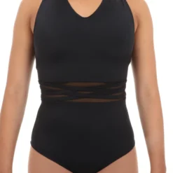 Youth V-Neck Mesh Panel Cut Out Wide Strap Back Leotard